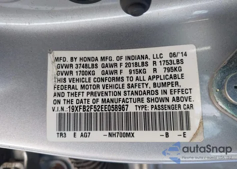 2014 Honda Civic Lx z USA, uszkodzony, nr VIN 19XFB2F52EE058967